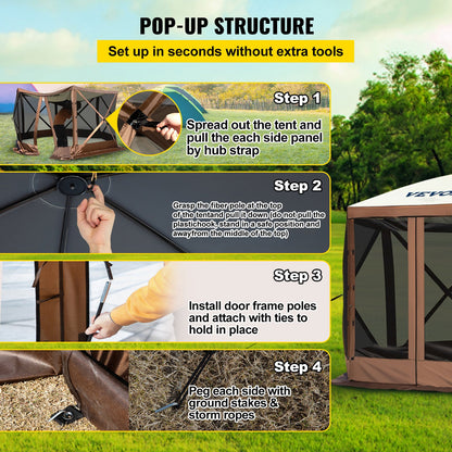 Pop-up Camping Gazebo Camping Canopy Shelter 6-sided 12' x 12' Sun Shade