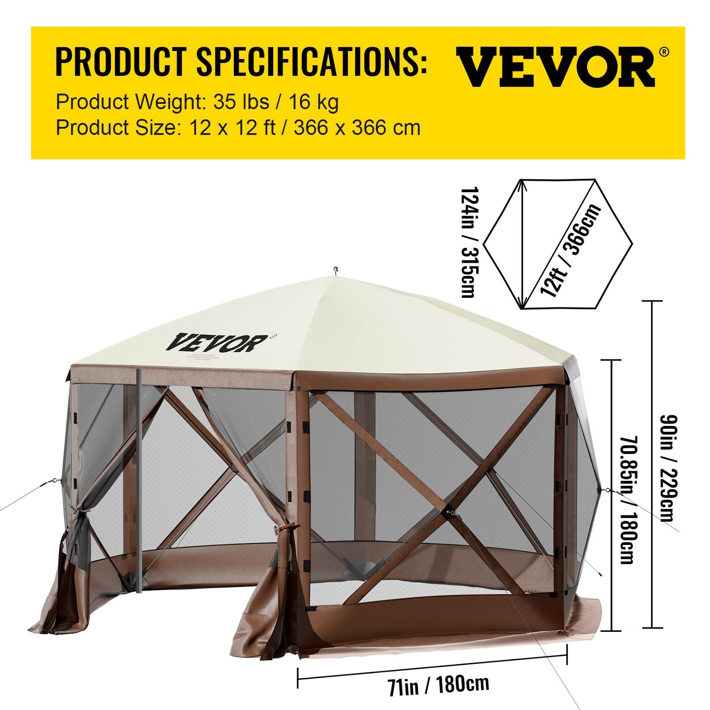 Pop-up Camping Gazebo Camping Canopy Shelter 6-sided 12' x 12' Sun Shade