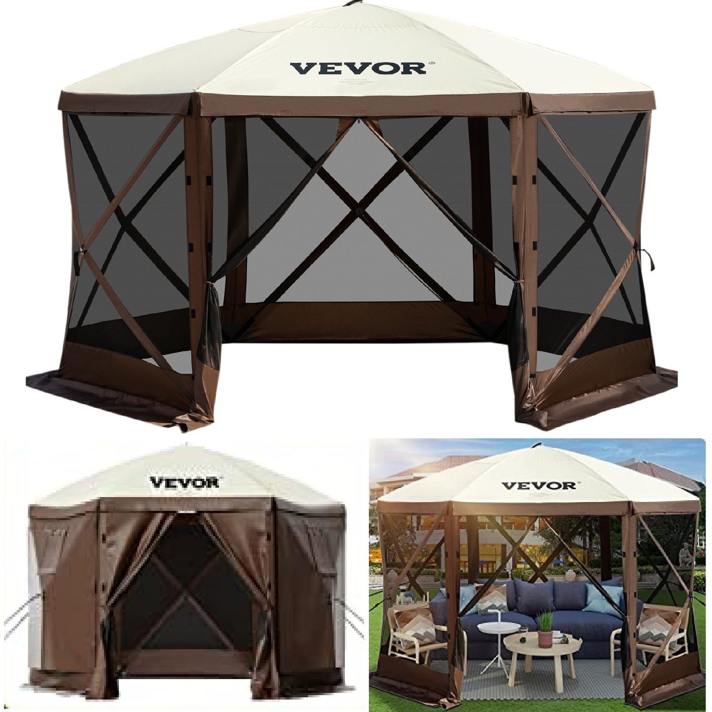 Pop-up Camping Gazebo Camping Canopy Shelter 6-sided 12' x 12' Sun Shade