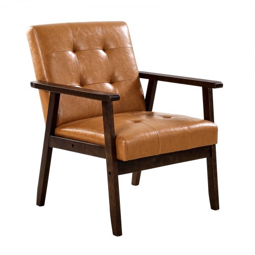 Mid-Century Modern Accent Chair PU-läderfåtölj med massivt träram