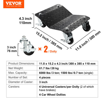 Car Dolly Wheel Tire Dolly 4 ST Heavy Duty Skate Auto Repair Dolly 6000LB