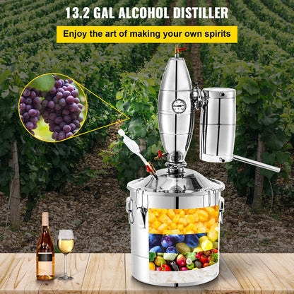 Boiler Rostfritt stål Water Distiller 13,2 Gallon Eterisk Oil Still 50L Distillery Kit Home Moonshine Still med termometer och jäsningstank