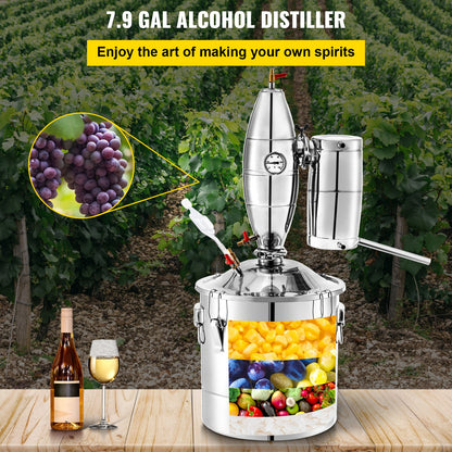 Moonshine Still, 30L Water Distiller, 6.6Gal Essential Oil Boiler, SUS 304 Moonshine Still Kit with Built-in Thermometer