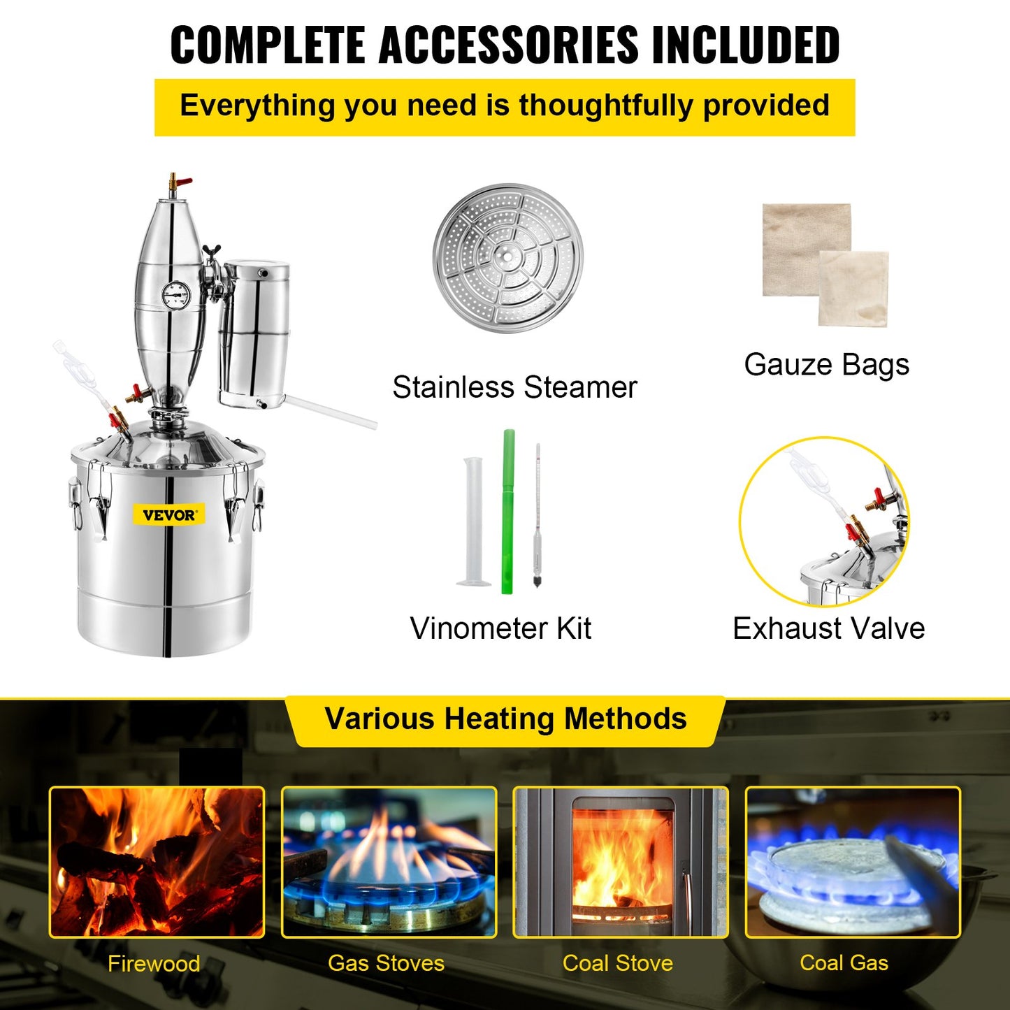 Moonshine Still, 30L Water Distiller, 6.6Gal Essential Oil Boiler, SUS 304 Moonshine Still Kit with Built-in Thermometer