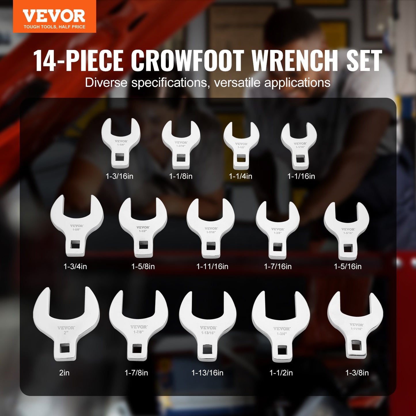 Crowfoot skiftnyckelsats, 1/2" Drive 14-delad SAE (1-1/16" - 2") Crows Foot skiftnyckelsats med förvaringsfack, 40CR-material med laseretsad dimensionering, för mekaniskt underhåll eller reparationer