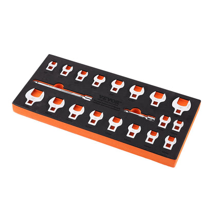 Crowfoot Wrench Set, 3/8" Drive 20-Piece Crowfoot Wrench Set with 2 Extension Bars and EVA Tool Organizer, SAE 3/8"-7/8" and Metric 10-22 mm, 40CR Material with Mirror Chrome Finish