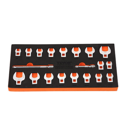 Crowfoot Wrench Set, 3/8" Drive 20-Piece Crowfoot Wrench Set with 2 Extension Bars and EVA Tool Organizer, SAE 3/8"-7/8" and Metric 10-22 mm, 40CR Material with Mirror Chrome Finish