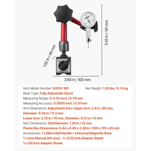 Mätklocka med universalmagnetisk bas och förvaringsfodral, 0,01 mm noggrannhet, 0–0,76 mm område, mikrokulhandtag för mätning av smala ytor, industriell bearbetning och inspektion |  EU