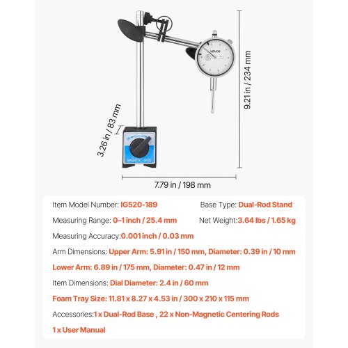 Mätklocka med stativ för dubbla stänger och förvaringsfodral, 0,03 mm noggrannhet, 0–25,4 mm område, finjusterbar lång arm, icke-magnetiska centreringsstänger för maskinuppsättning, mätning av smala områden |  EU