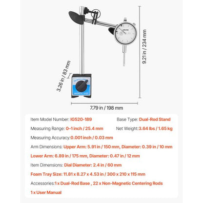 Mätklocka med stativ för dubbla stänger och förvaringsfodral, 0,03 mm noggrannhet, 0–25,4 mm område, finjusterbar lång arm, icke-magnetiska centreringsstänger för maskinuppsättning, mätning av smala områden |  EU