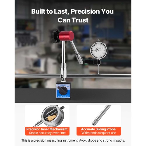 Mätklocka med magnetisk, flexibel bas, 0,03 mm noggrannhet, 0–25,4 mm område, finjusterbar lång arm, professionell för maskinuppsättning, mätning av smala områden, lätt att läsa av |  EU