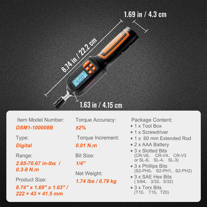 Digital vridmomentskruvmejsel, 1/4" drivskruvmejsel momentnyckel, elektriker momentskruvmejsel med LCD, 2,65-70,67 in-lbs vridmomentområde, 0,01 Nm stegvis vridmomentskruvmejsel med bitar och fodral