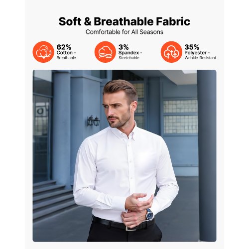 Herrskjorta med knappar, Herrlångärmad Skrynkelfri Skjorta med knappar, Slim Fit, Mjukt Stretchtyg, För Business Casual eller Fest, Arbete, Bröllop, Middag, Vit |  EU