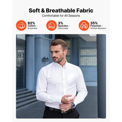 Herrskjorta med knappar, Herrlångärmad Skrynkelfri Skjorta med knappar, Slim Fit, Mjukt Stretchtyg, För Business Casual eller Fest, Arbete, Bröllop, Middag, Vit |  EU