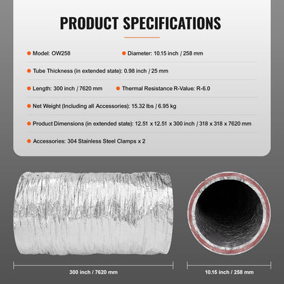 Dryer Vent Hose, 254mm Insulated Flexible Duct 7.62M Long with 2 Duct Clamps, Heavy Duty Three Layer Protection for HVAC Heating Cooling Ventilation and Exhaust, R-6.0 Flame Retardant Rating