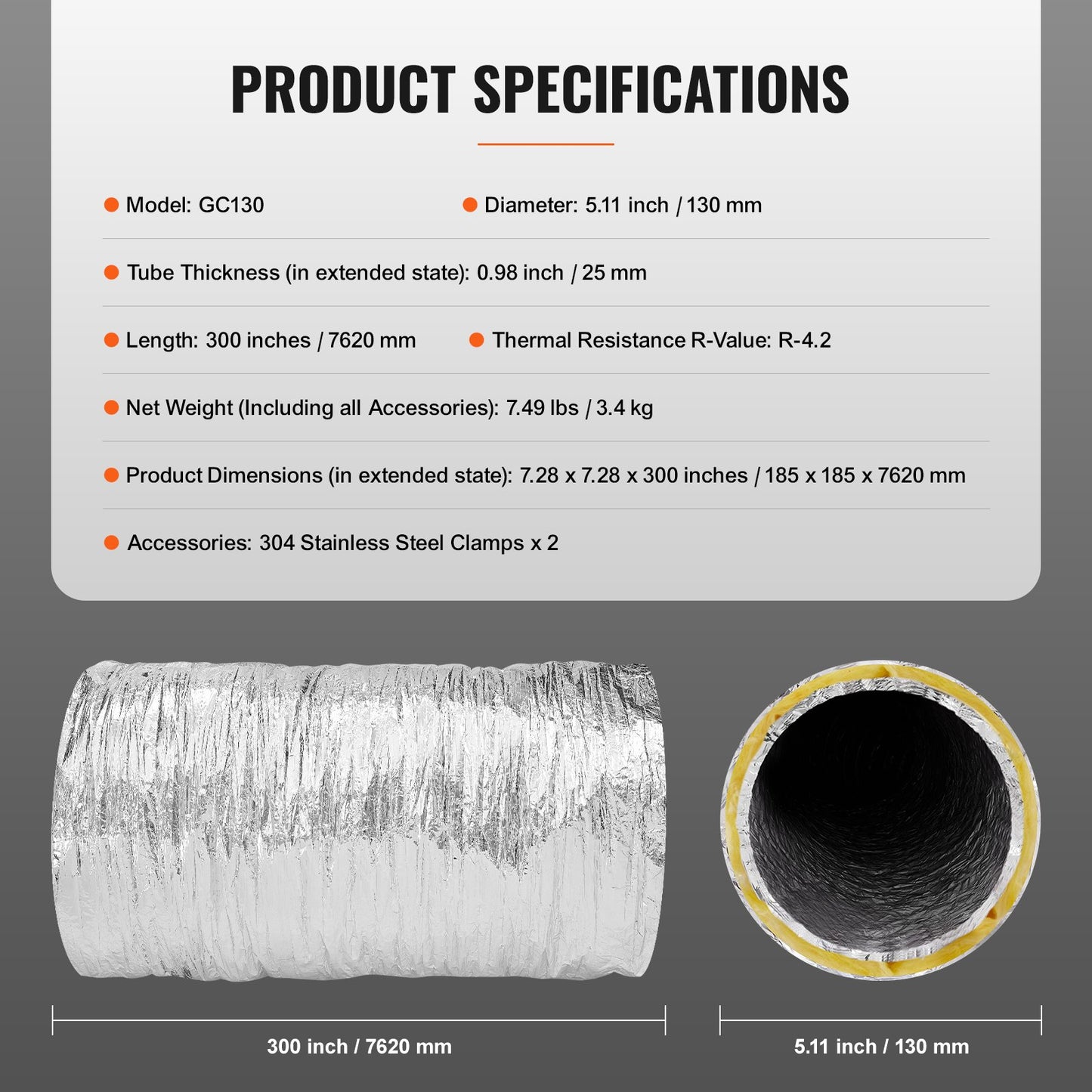 Dryer Vent Hose, 127mm Insulated Flexible Duct 7.62M Long with 2 Duct Clamps, Heavy Duty Triple Layer Protection for HVAC Heating Cooling Ventilation and Exhaust, R-4.2 Flame Resistance Rating