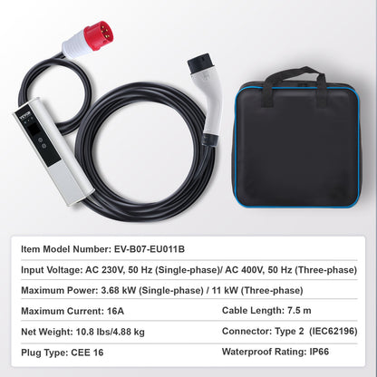 Bärbar EV-laddare Typ 2 EV Laddningskabel 16A CEE 16 7,5 M 230V/400V