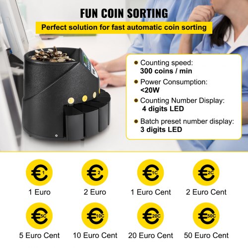 Euro mynträknare sorterare 500-1000 mynt Elektronisk automatisk euro mynträknare 300 mynt per minut med 8 myntlådor för skolbutiksbank |  EU