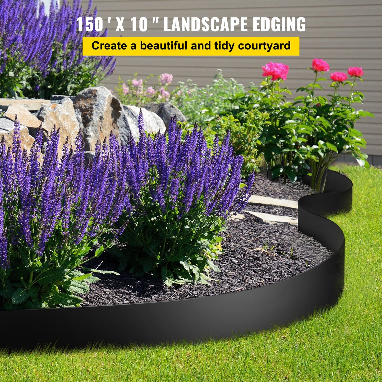 Landskapsbård, 10 tum djup 150 fot total längd, återvunnen HDPE lindad terrassbräda, flexibel böjkant för landskapsarkitektur, gräsmatta, trädgård, gård, mot invaderande ogräs, svart