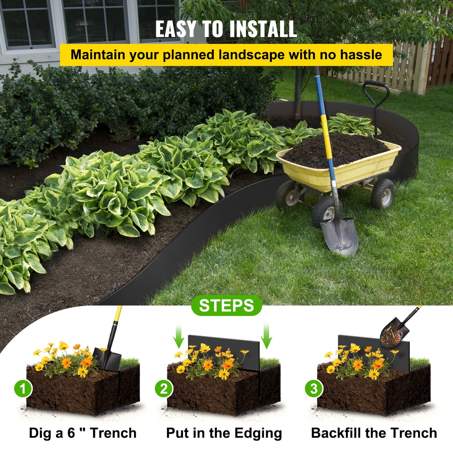 Landschaftseinfassung, 25,4 cm Tiefe, 18,3 m Gesamtlänge, recyceltes HDPE-Terrassendielenbrett, flexible Biegekante für Landschaftsbau, Rasen, Garten, Hof, gegen invasives Unkraut, schwarz
