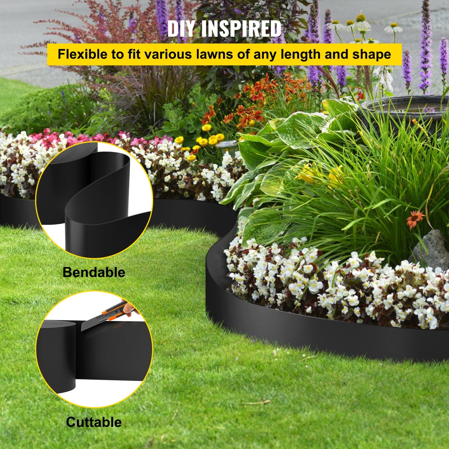 Landschaftseinfassung, 25,4 cm Tiefe, 24,4 m Gesamtlänge, Terrassendielen aus recyceltem HDPE, flexibel biegbare Einfassung für Landschaftsbau, Rasen, Garten, Hof, gegen invasives Unkraut, schwarz