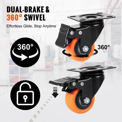 Caster Wheels, 2 Inch Swivel Disc Wheels, Set of 4, with Safety Double Locking No Noise PVC Wheels, Heavy Duty 150 lbs Load Capacity Per Wheel, Non-Marking Wheels for Cart Furniture Workbench