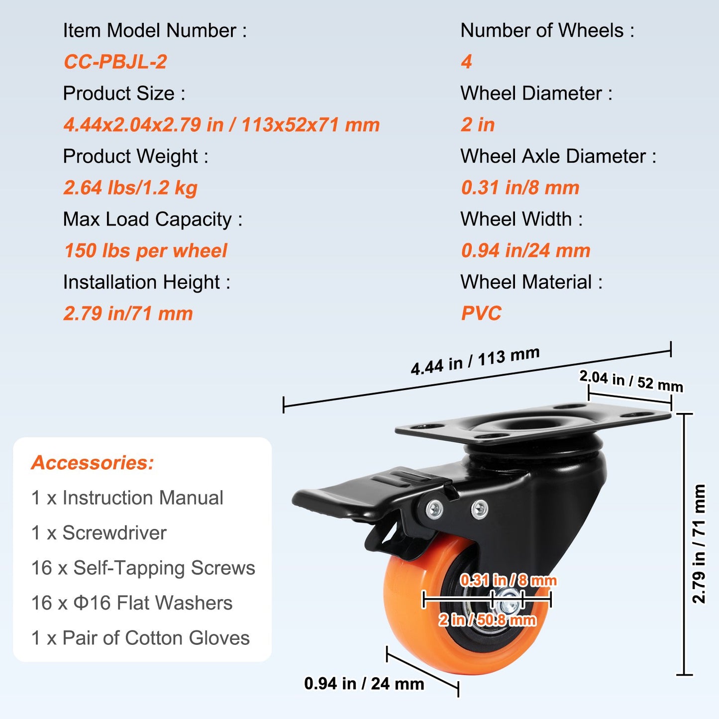Caster Wheels, 2 Inch Swivel Disc Wheels, Set of 4, with Safety Double Locking No Noise PVC Wheels, Heavy Duty 150 lbs Load Capacity Per Wheel, Non-Marking Wheels for Cart Furniture Workbench