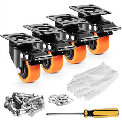 Caster Wheels, 2 Inch Swivel Disc Wheels, Set of 4, with Safety Double Locking No Noise PVC Wheels, Heavy Duty 150 lbs Load Capacity Per Wheel, Non-Marking Wheels for Cart Furniture Workbench