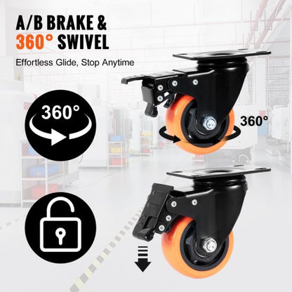 Caster Wheels, 3 Inch Swivel Disc Wheels, Set of 4, with Safety A/B Locking No Noise PVC Wheels, Heavy Duty 250 lbs Load Capacity Per Wheel, Non-Marking Wheels for Workbench Cart Furniture | EU