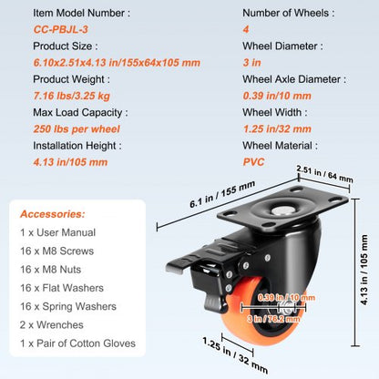 Caster Wheels, 3 Inch Swivel Disc Wheels, Set of 4, with Safety A/B Locking No Noise PVC Wheels, Heavy Duty 250 lbs Load Capacity Per Wheel, Non-Marking Wheels for Workbench Cart Furniture | EU