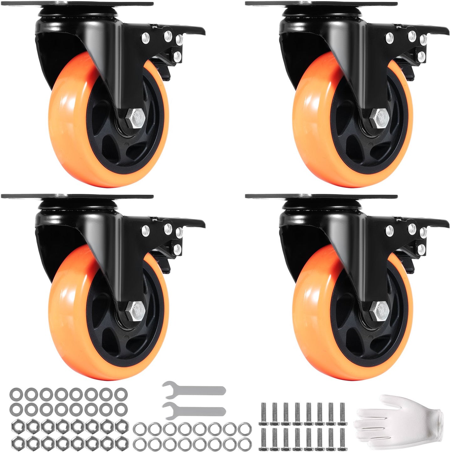 Caster Wheels, 4 Inch Swivel Disc Wheels, Set of 4, with Safety A/B Locking No Noise PVC Wheels, Heavy Duty 350 lbs Load Capacity Per Wheel, Non-Marking Wheels for Workbench Cart Furniture