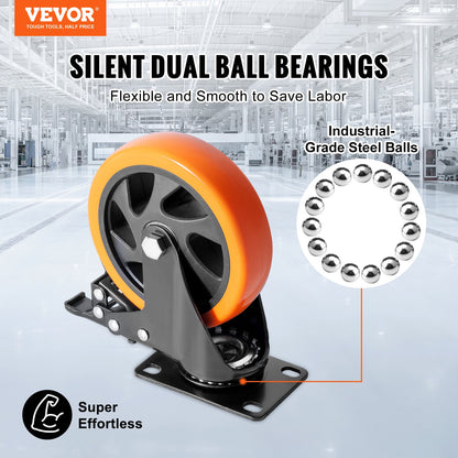 Hjulhjul, 5-tums hjul med svängbara plattor, set om 4, med säkerhets A/B-låsning Inga brus PVC-hjul, Heavy Duty 450 lbs lastkapacitet per hjul, icke-markerande hjul för arbetsbänk för vagnmöbel