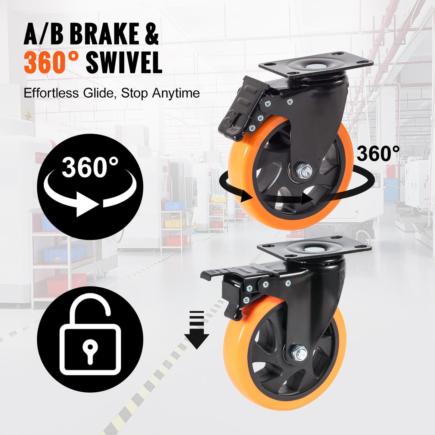 Hjulhjul, 5-tums hjul med svängbara plattor, set om 4, med säkerhets A/B-låsning Inga brus PVC-hjul, Heavy Duty 450 lbs lastkapacitet per hjul, icke-markerande hjul för arbetsbänk för vagnmöbel