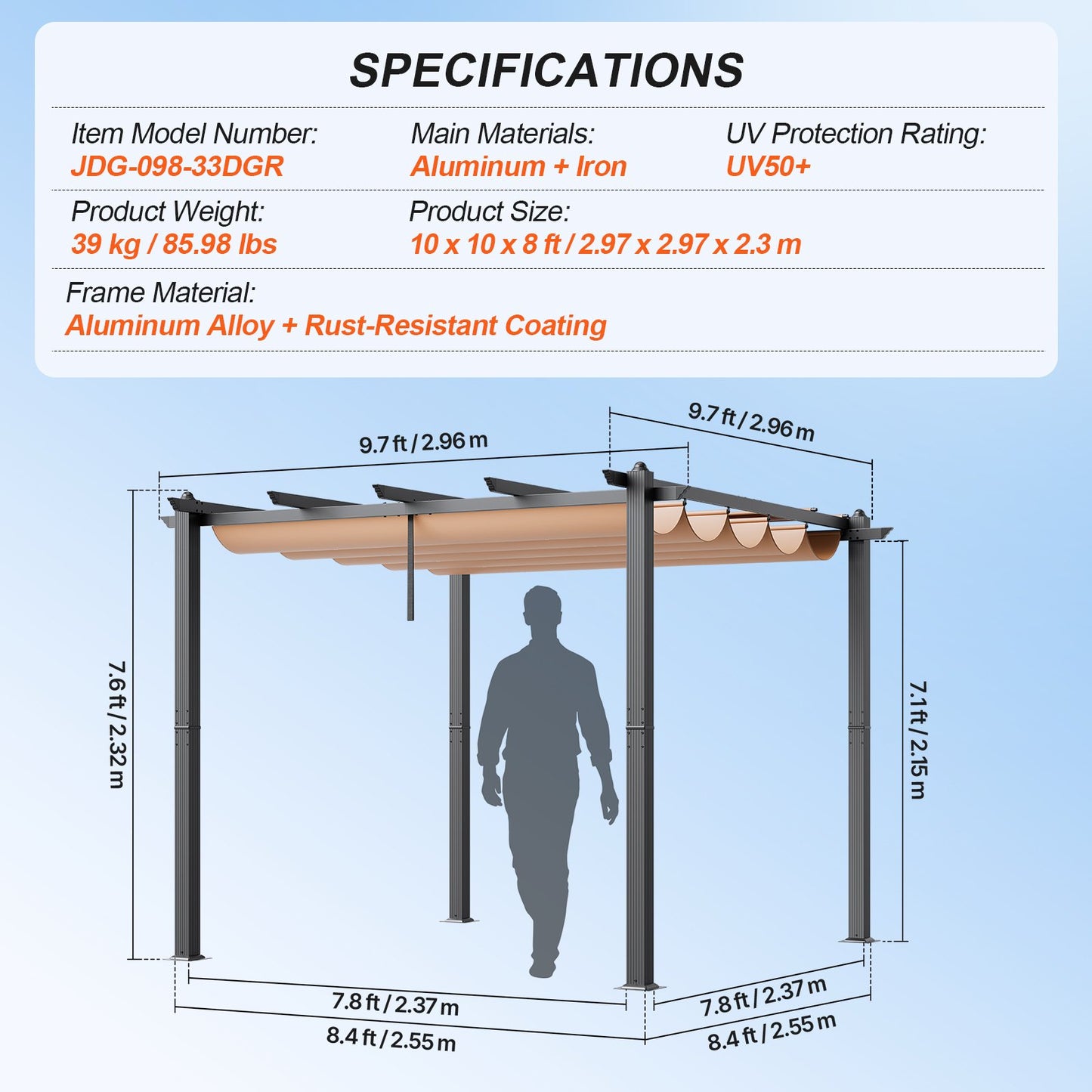 10'x10' utfällbar utomhuspergola med solskyddstak aluminiumbeige