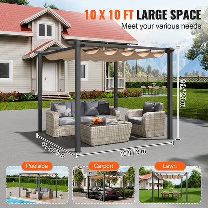 10'x10' utfällbar utomhuspergola med solskyddstak aluminiumbeige