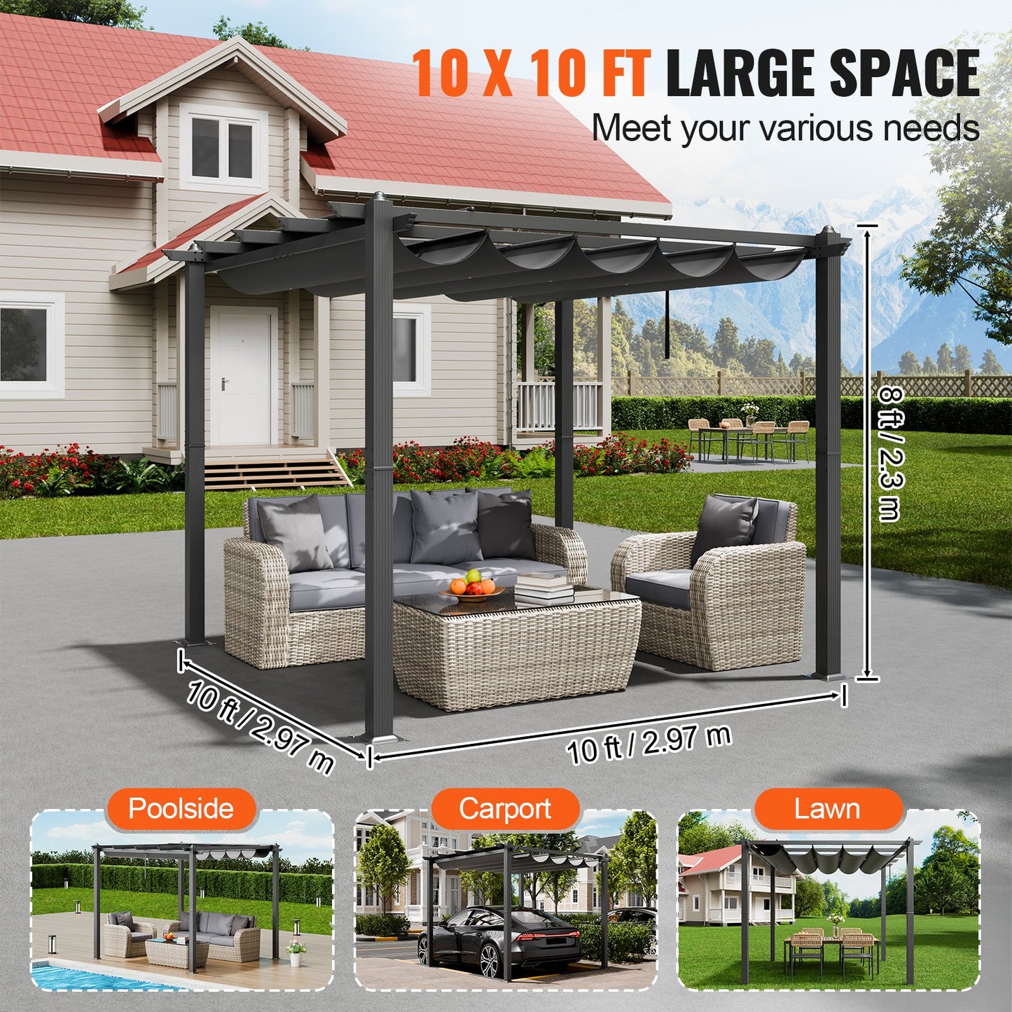 10'x10' retractable outdoor pergola with sunshade roof aluminum gray