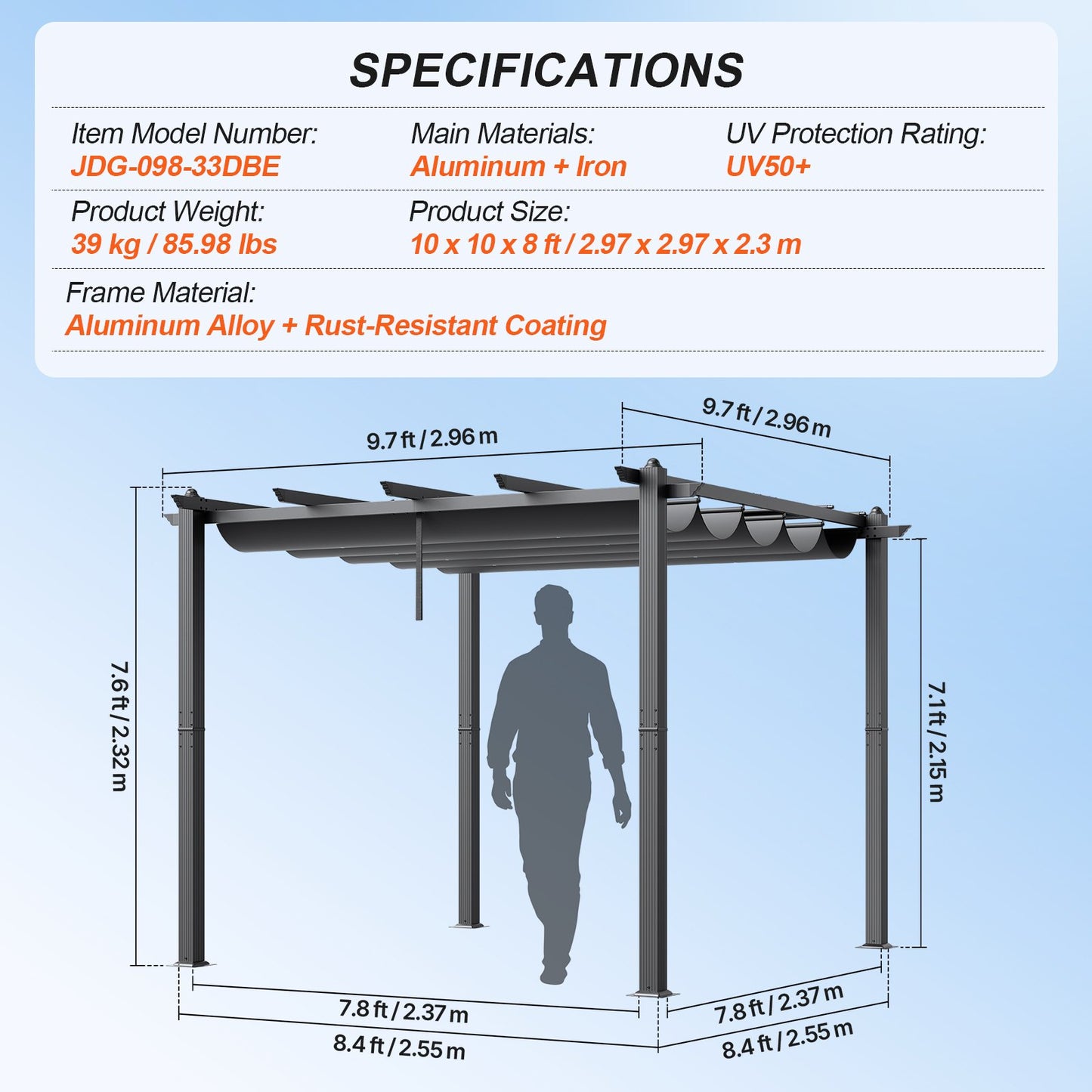 10'x10' retractable outdoor pergola with sunshade roof aluminum gray