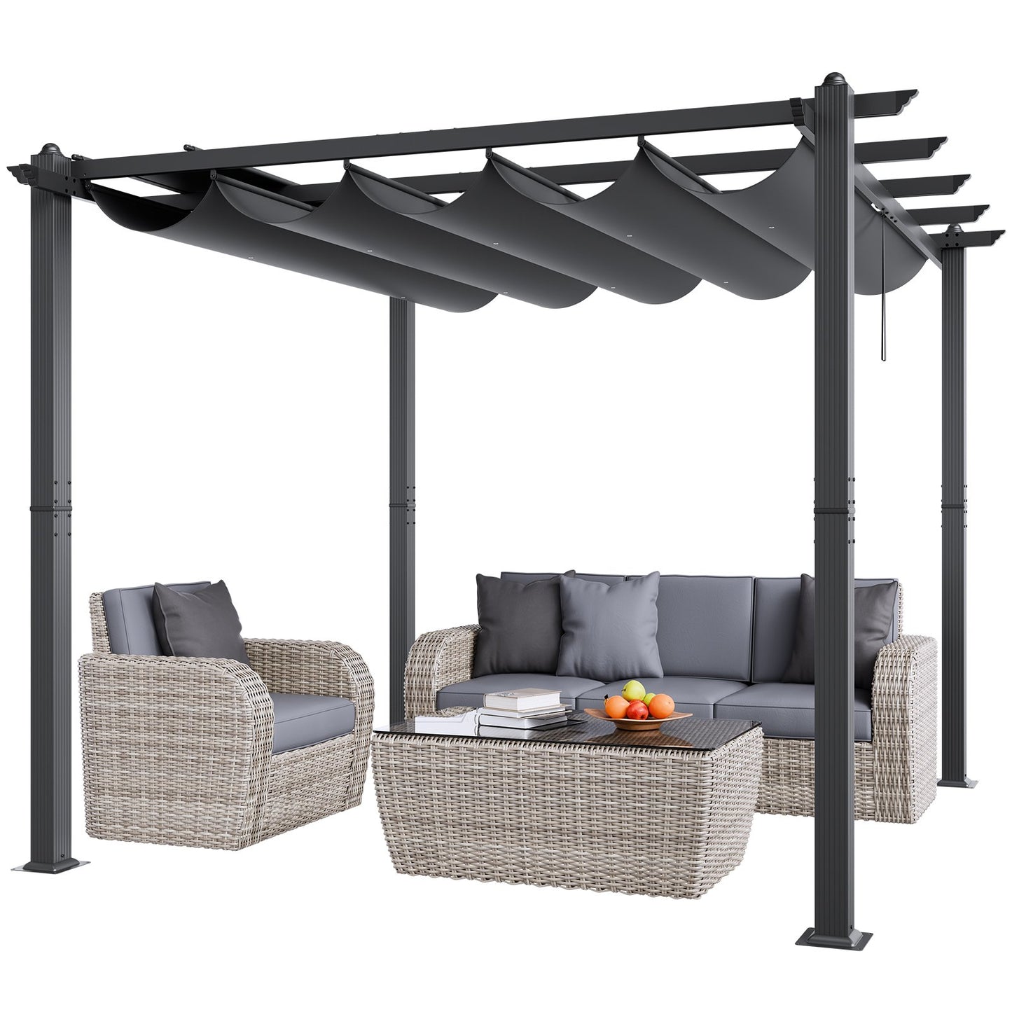 10'x10' retractable outdoor pergola with sunshade roof aluminum gray
