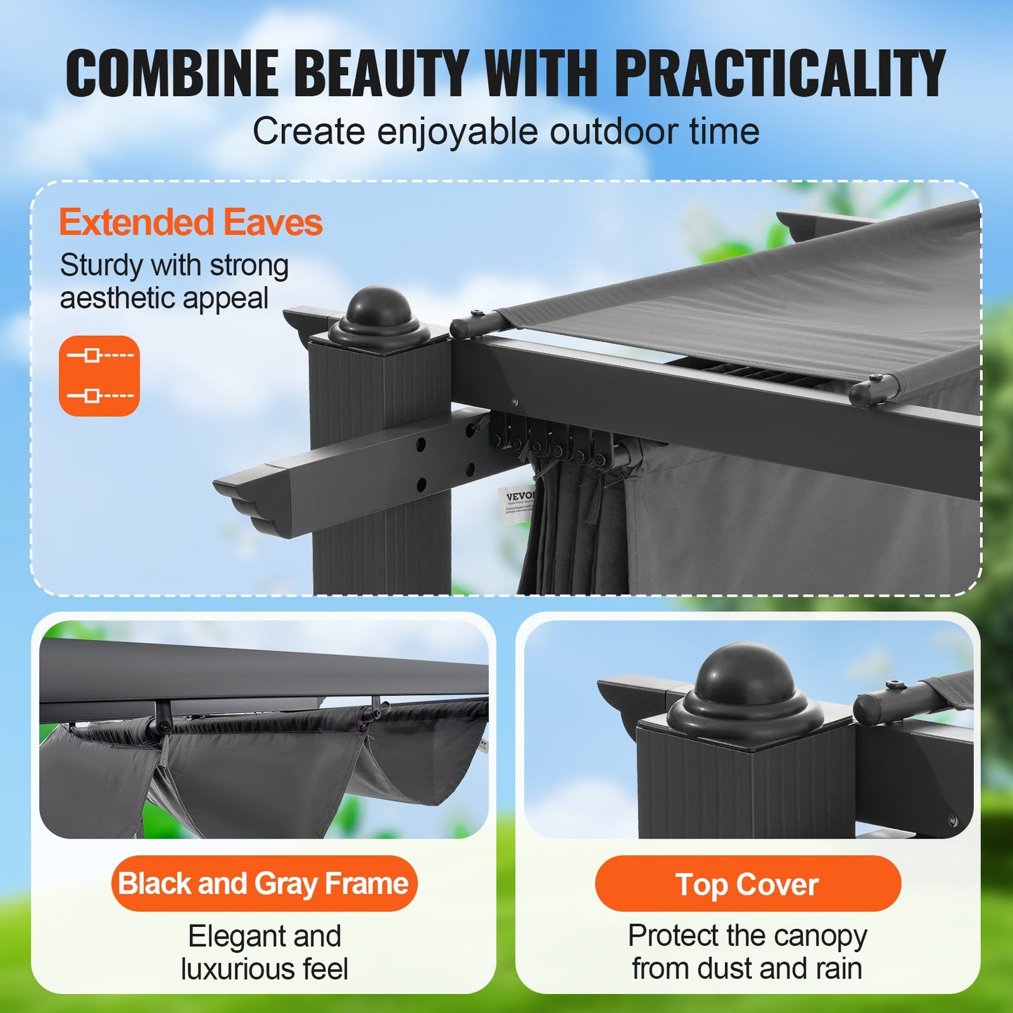 10'x13' retractable outdoor pergola with sunshade roof aluminum gray