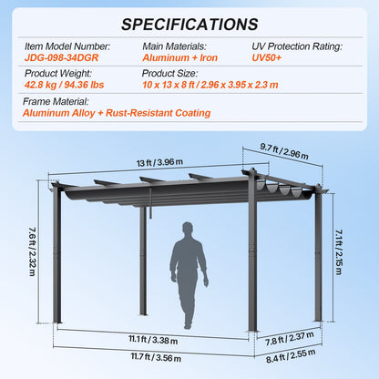 10'x13' retractable outdoor pergola with sunshade roof aluminum gray