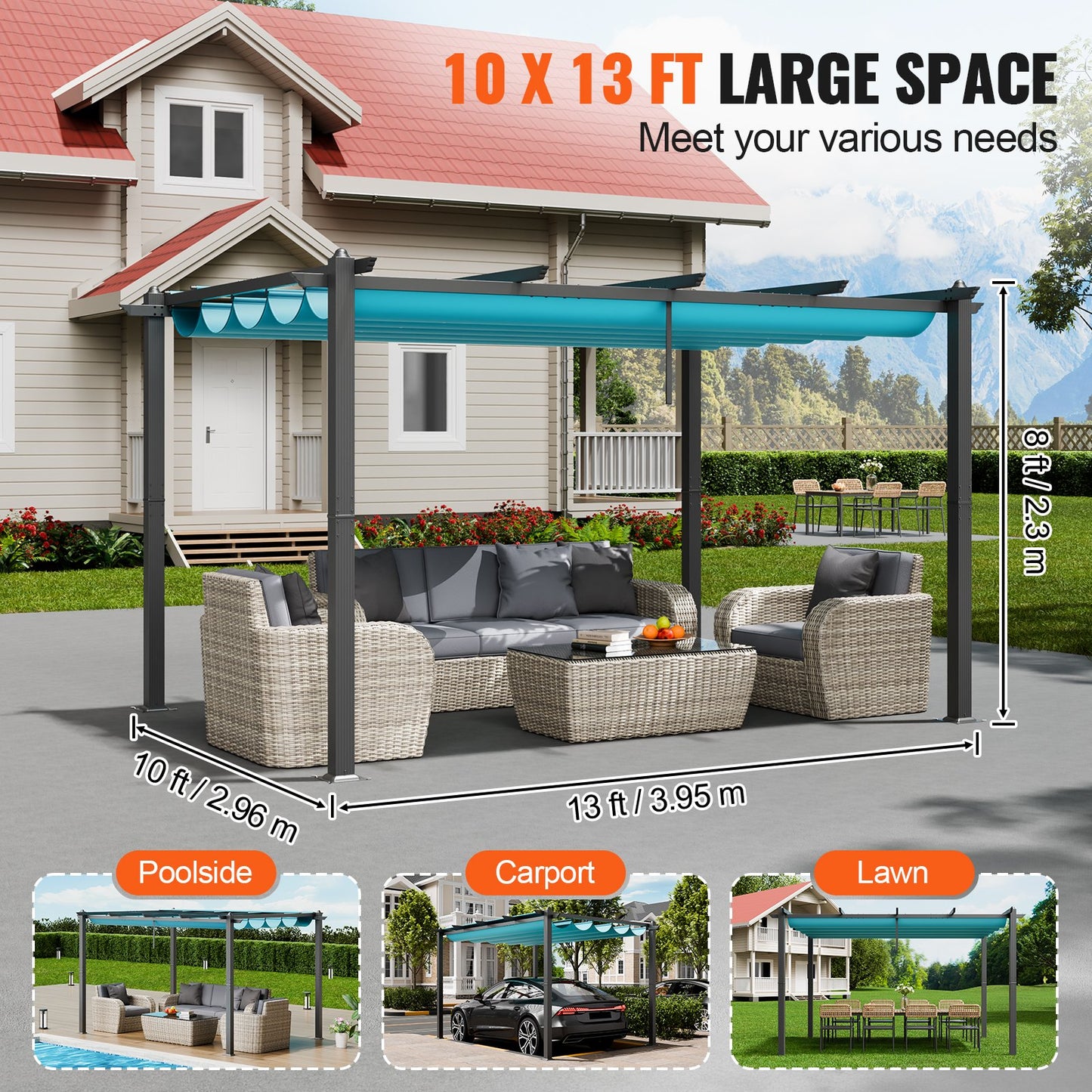 10'x13' retractable outdoor pergola with aluminum sunshade roof