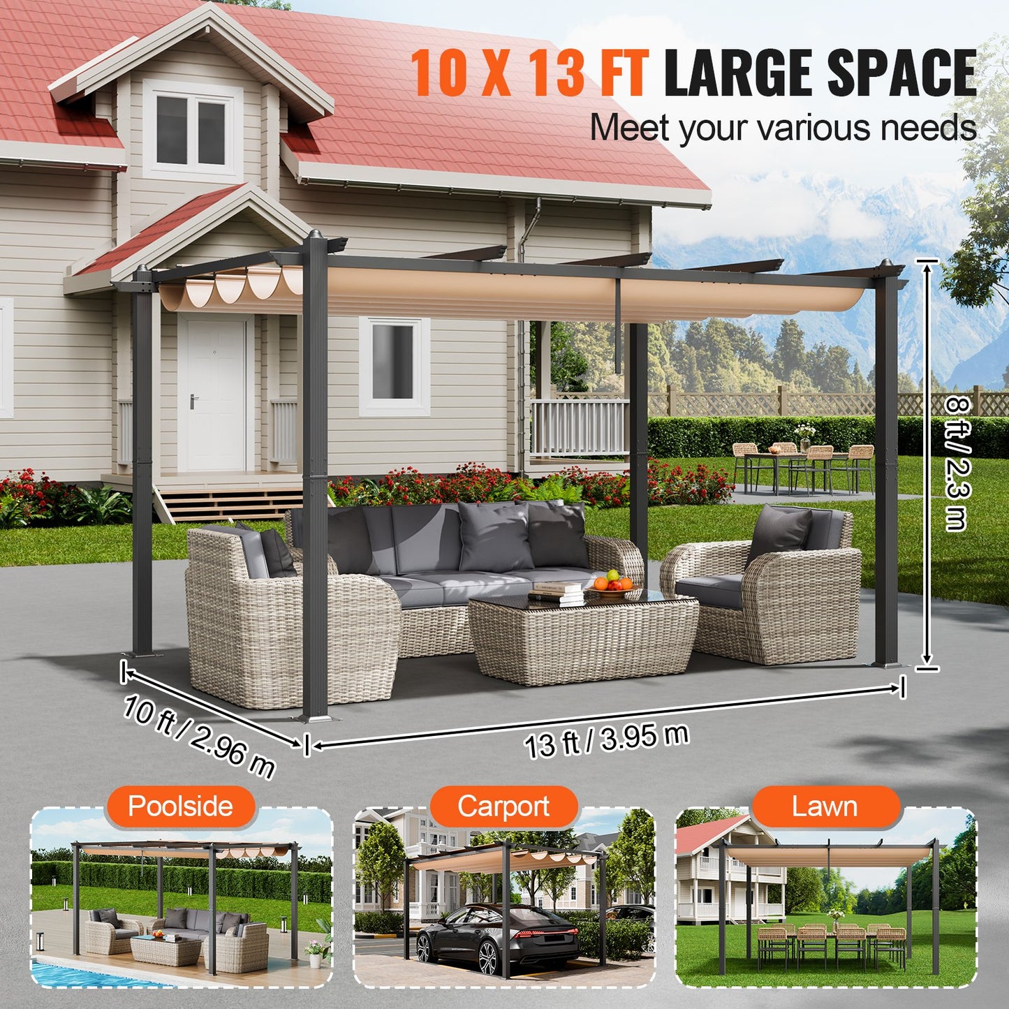 10'x13' retractable outdoor pergola with sunshade roof aluminum beige