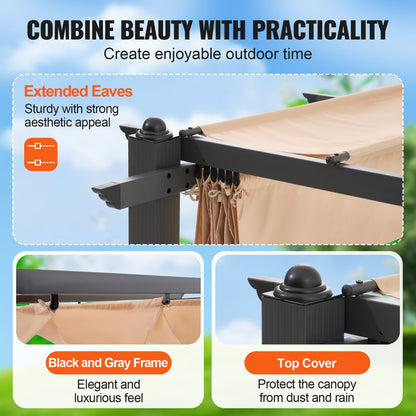 10'x13' retractable outdoor pergola with sunshade roof aluminum beige