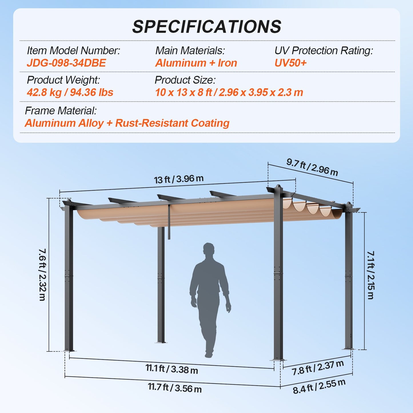 10'x13' retractable outdoor pergola with sunshade roof aluminum beige