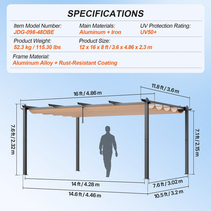 12'x16' infällbar utomhuspergola med solskyddstak aluminiumbeige