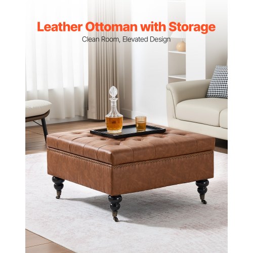 76 cm quadratischer Leder-Ottomane mit Stauraum, Couchtisch für das Wohnzimmer | EU