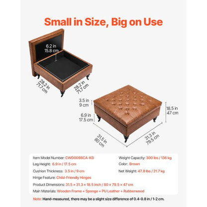 76 cm quadratischer Leder-Ottomane mit Stauraum, Couchtisch für das Wohnzimmer | EU