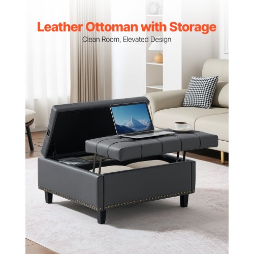 76 cm quadratischer Leder-Ottomane mit Stauraum, Couchtisch für das Wohnzimmer | EU