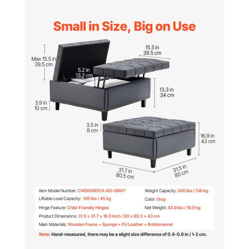 76 cm quadratischer Leder-Ottomane mit Stauraum, Couchtisch für das Wohnzimmer | EU