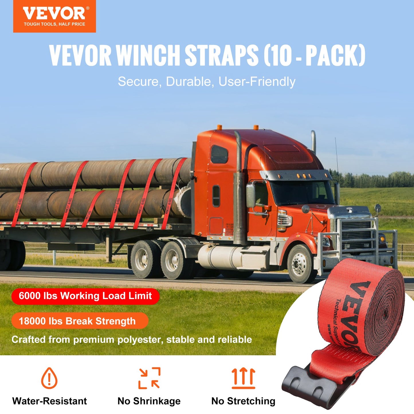 Vinschremmar, 4" x 30', 6000 lbs lastkapacitet, 18000 lbs brottstyrka, lastbilsremmar med platt krok, flatbäddsfäste för lastkontroll för trailers, gårdar, räddningar, trädräddare, röd (10-pack)